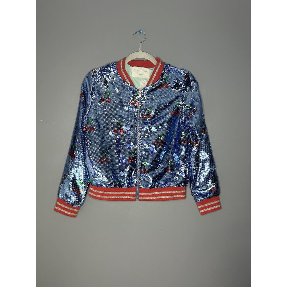 Rockets of Awesome Sequin Bomber Jacket Girls Large (14) Cherry Full Zip Sparkle
